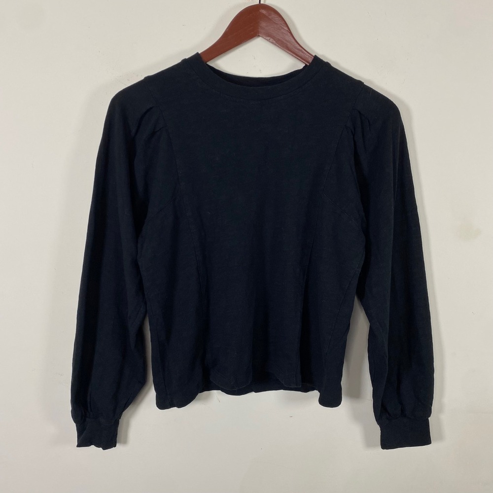 Marine Layer Womens XS Black Long Sleeve Top Puff Sleeve Minimalist Cotton - Picture 2 of 6
